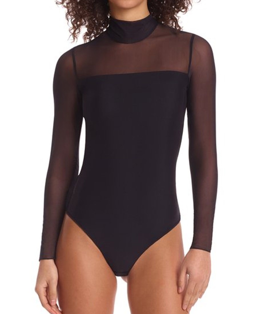 Clothing Commando | Chic Mesh Mockneck Long Sleeve Bodysuit Black