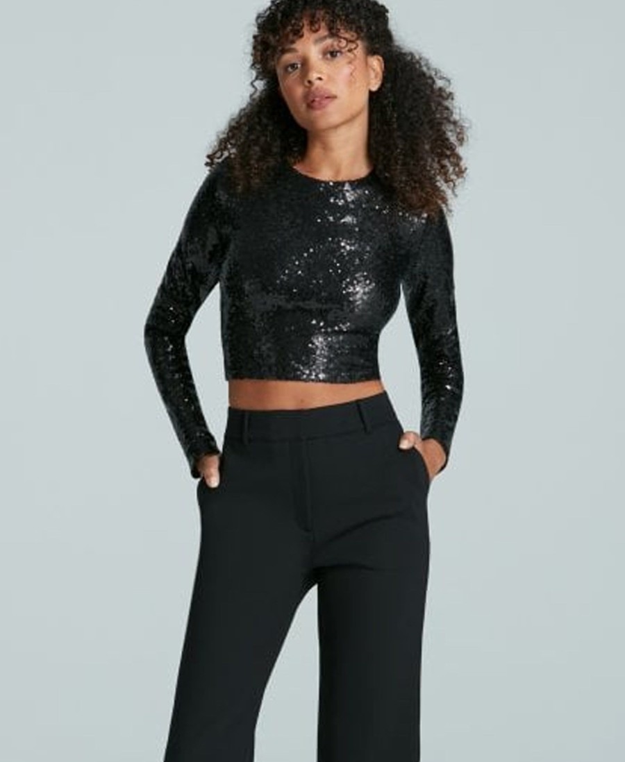 Clothing Commando | Sequin Long Sleeve Crop Top Black