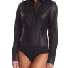 Clothing Commando | Faux Leather Button Down Bodysuit Black